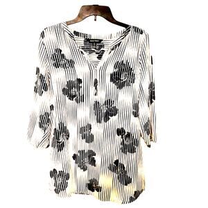 Ellen Tracy Floral Peony Striped Button-Up Shirt Dress Medium